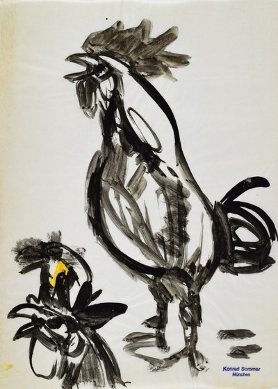 Konrad Sommer: Krähender Hahn und Kopf einer Henne, 1970, Tusche, Stempelfarbe  auf Papier, 32,7 x 22,7 cm, bez.u.r. mit Stempel: Konrad Sommer München