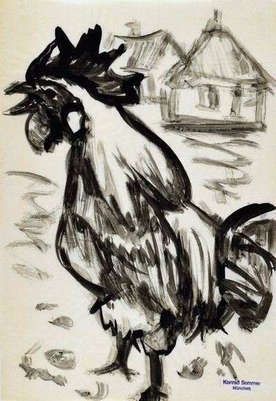 Konrad Sommer: Krähender Hahn mit Häusern, 1970, Tusche, Stempelfarbe  auf Papier, 33,3 x 22,5 cm, bez.u.r. mit Stempel: Konrad Sommer München