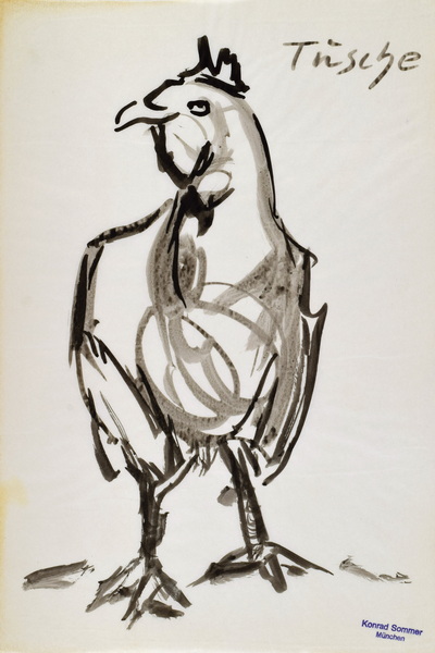 Konrad Sommer:  Huhn, 1970, Tusche, Stempelfarbe  auf Papier, 33,8 x 22,6 cm, bez.u.r. mit Stempel: Konrad Sommer München