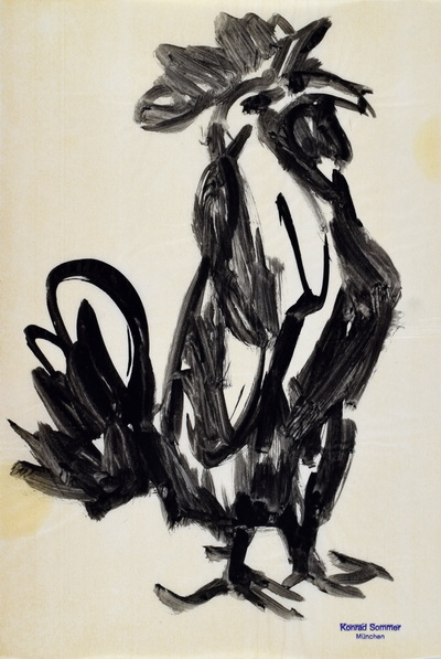 Konrad Sommer: Krähender Hahn, 1970, Tusche, Stempelfarbe  auf Papier, 34,0 x 22,5 cm, bez.u.r. mit Stempel: Konrad Sommer München