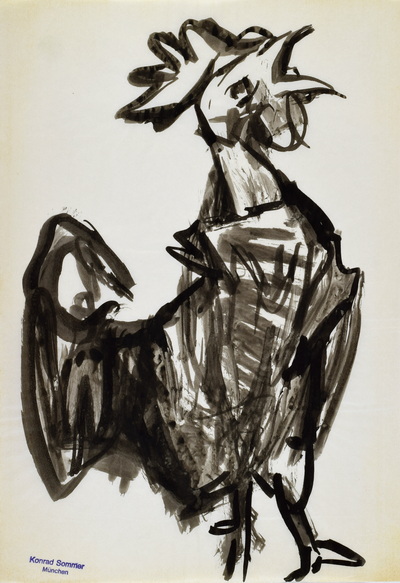 Konrad Sommer: Krähender Hahn, 1970, Tusche, Stempelfarbe  auf Papier, 34,0 x 22,5 cm, bez.u.r. mit Stempel: Konrad Sommer München
