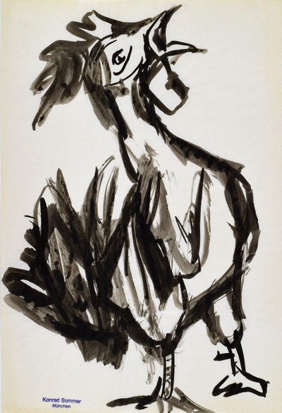 Konrad Sommer:  Krähender Hahn, 1970, Tusche, Stempelfarbe  auf Papier, 34,0 x 22,5 cm, bez.u.l. mit Stempel: Konrad Sommer München