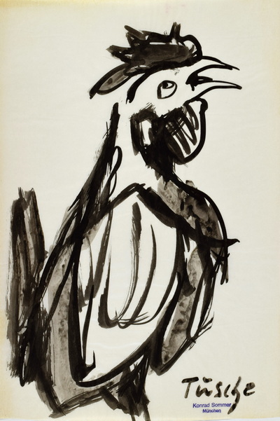 Konrad Sommer:  Krähender Hahn, 1970, Tusche, Stempelfarbe  auf Papier, 34,0 x 22,5 cm, bez.u.r.: Tusche, Stempel: Konrad Sommer München