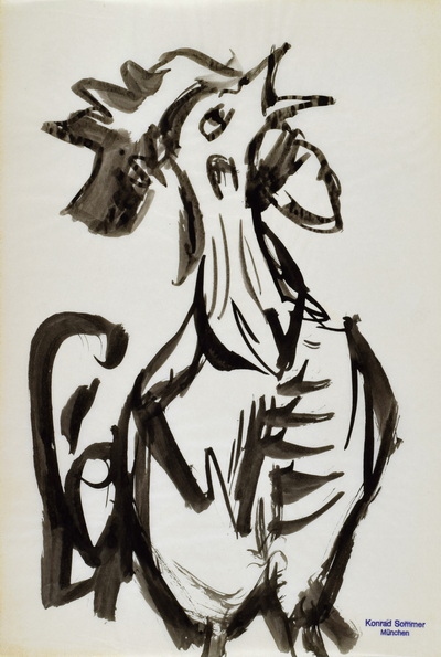 Konrad Sommer: Krähender Hahn, 1970, Tusche, Stempelfarbe  auf Papier, 34,0 x 22,7 cm, bez.u.l. mit Stempel: Konrad Sommer München