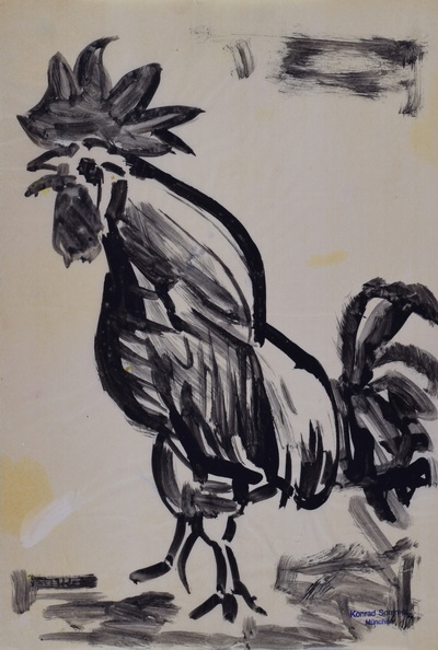 Konrad Sommer: Krähender Hahn, 1970, Tusche, Stempelfarbe  auf Papier, 34,0 x 22,5 cm, bez.u.r. mit Stempel: Konrad Sommer München