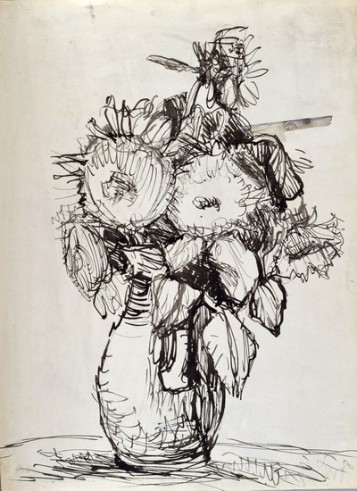 Konrad Sommer: Sonnenblumen in einer Vase , um 1972, Tusche, Rohrfeder auf Papier, 42,0 x 29,7 cm