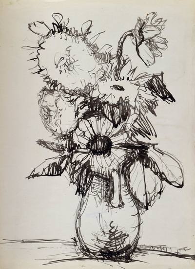Konrad Sommer: Sonnenblumen in einer Vase , um 1972, Tusche, Rohrfeder auf Papier, 42,0 x 29,7 cm