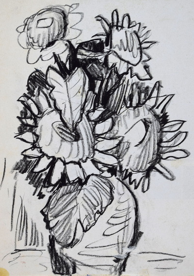 Konrad Sommer:  Sonnenblumen in einer Vase , um 1973, Kohle auf Papier, 22,1 x 15,5 cm