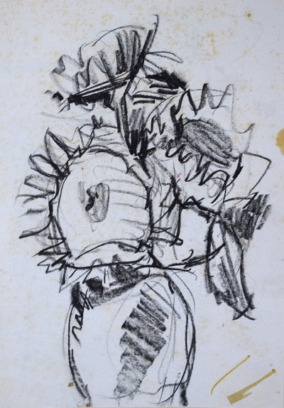Konrad Sommer:  Sonnenblumen einer in Vase , um 1973, Kohle auf Papier, 21,0 x 14,5 cm, Sammlung Michael Gorkow