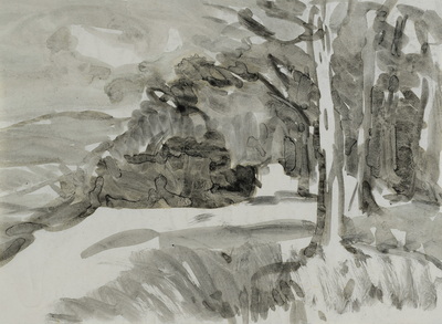 Konrad Sommer:  Bäume auf einer Anhöhe , um 1974, Tusche auf Papier, 20,4 x 27,7 cm, Sammlung Michael Gorkow