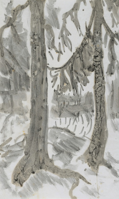 Konrad Sommer:  Zwei Bäume , um 1974, Tusche auf Papier, 30,2 x 18,7 cm, Sammlung Michael Gorkow