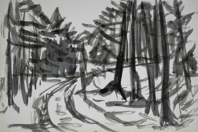 Konrad Sommer:  Waldweg , um 1975, Tusche auf Papier, 20,9 x 30,4 cm, Sammlung Michael Gorkow