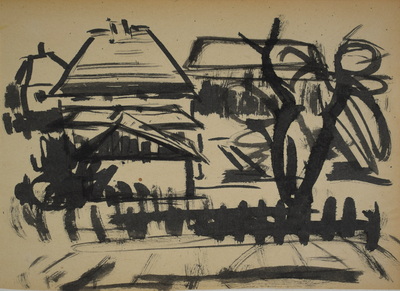 Konrad Sommer:  Häuser in München-Moosach , um 1975, Tusche auf Papier, 21,1 x 27,1 cm, Sammlung Michael Gorkow