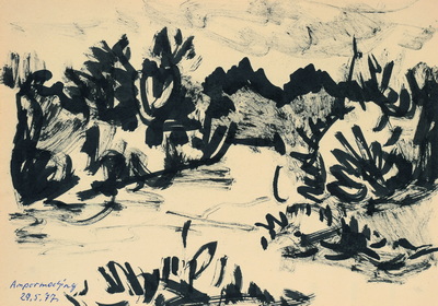 Konrad Sommer, Ampermoching, 29.5.1977, Tusche, Kugelschreiber auf Papier, 20,9 x 29,7 cm, bez.u.l.: Ampermoching, 29.5.1977. 