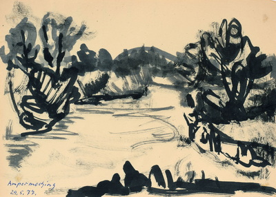 Konrad Sommer:  Ampermoching, 29.5.1977, Tusche, Kugelschreiber auf Papier, 21,8 x 27,4 cm, bez.u.l.: Ampermoching, 29.5.1977.