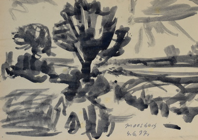 Konrad Sommer:  Moosbach, 4.6.1977, Tusche, Bleistift auf Papier, 19,7 x 27,2 cm, bez. u.r.: Moosbach, 4.6.77. 