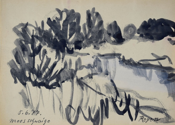 Konrad Sommer: Moosschwaige, 5.6.1977, Tusche, weiße Farbe, Bleistift auf Papier, 20,3 x 28,0 cm, bez.u.l.: 5.6.7. Moosschwaige, u.r.: Regen