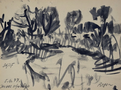 Konrad Sommer: Moosschwaige, 5.6.1977, Tusche, Bleistift auf Papier, 20,2 x 26,8 cm, bez.u.r.: 5.6.77. Moosschwaige, u.r.: Regen 