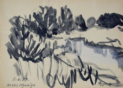 Konrad Sommer:  Moosschwaige, 5.6.1977, Tusche, weiße Farbe, Bleistift auf Papier, 20,3 x 28,0 cm, bez.u.l.: 5.6.7. Moosschwaige, u.r.: Regen
