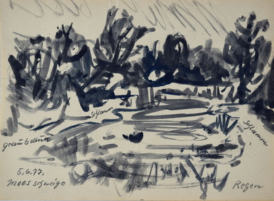 Konrad Sommer,  Moosschwaige, Regen, 5.6.1977, Tusche, Bleistift auf Papier, 21,0 x 27,8 cm, bez.u.l.: 5.6.77. Moosschwaige, u.r.: Regen 