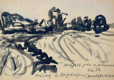 Konrad Sommer:  Maisch bei Bergkirchen, gemähte Wiese, 9.6.1977, Tusche, Bleistift auf Papier, 19,7 x 27,5 cm, bez.u.r.: Strohgelb grün e purpur, 9.6.77. Maisch bei Bergkirchen / gemähte Wiese 