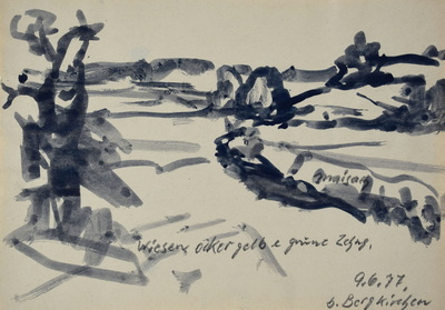 Konrad Sommer: Bei Bergkirchen, 9.6.1977, Tusche, Bleistift auf Papier, 19,8 x 28,3 cm, bez.u.r.: 9.6.77.  b. Bergkirchen 