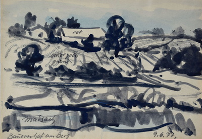 Konrad Sommer: Maisach, Bauernhof am Berg, 9.6.1977, Tusche, blaue Aquarellfarbe, Bleistift auf Papier, 20,1 x 28,8 cm, bez.u.l..: 29.2.64.  Maisach Bauernhof am Berg, u.r.: 9.6.77.