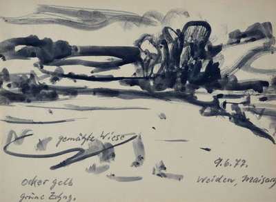 Konrad Sommer:  Weiden Maisach, 9.6.1977, Tusche, Bleistift auf Papier, 20,4 x 27,3 cm, bez.u.r.: 9.6.77. Weiden, Maisach 