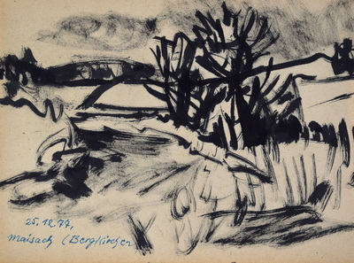 Konrad Sommer:  Maisach, Berkirchen, 25.12.1977,  Tusche, blaue Tinte auf Papier, 20,3 x 27,4 cm, 
						bez. u.l.: 25.12.77. Maisach (Bergkirchen)