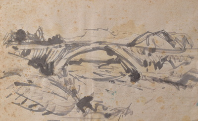 Konrad Sommer:  Brücke über einen Fluß ( Ardeche?), um 1977, Tusche auf Papier, 13,5 x 22,0 cm