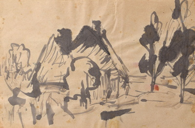 Konrad Sommer:  Häuser mit Bäumen (Südfrankreich?) um 1977, Tusche auf Papier, 13,9 x 21,1 cm 