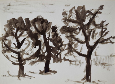 Konrad Sommer: Drei Bäume, um 1977, Tusche auf Papier, 20,5 x 27,8 cm