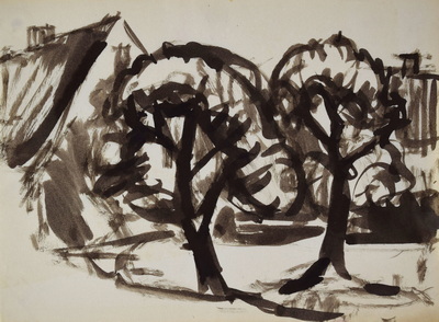 Konrad Sommer: Zwei Bäume mit Häusern, um 1977, Tusche auf Papier, 21,1 x 28,3 cm