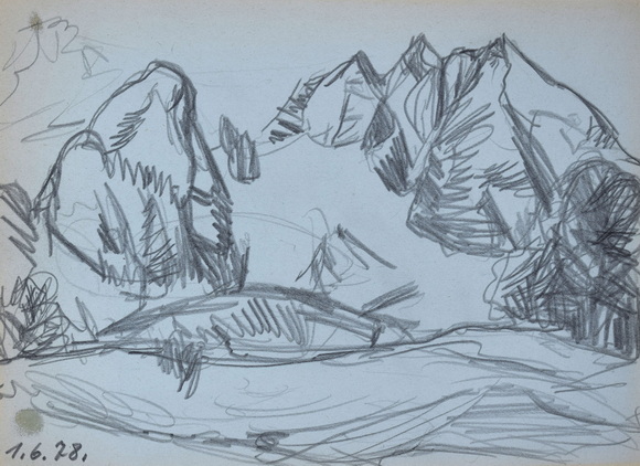 Konrad Sommer: Watzmann, 1.6.1978, Bleistift auf hellblauem Papier, 20,2 x 28,7 cm, bez. u.l.: 1.6.78.
