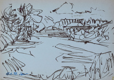 Konrad Sommer: Isar, 18.6.1978, brauner Faserstift, blaue Tinte auf hellblauem Papier, 17,2 x 24,8 cm, bez. u.l.: Isar 18.6.78.