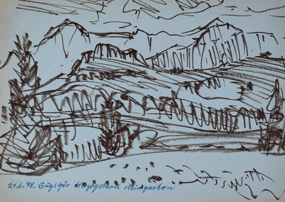 Konrad Sommer:  Gugelhör, Herzogstand, Heimfarten, 21.6.1978, brauner Faserstift, blaue Tinte auf hellblauem Papier, 20,4 x 28,3 cm, bez.u.: 21.6.78. Guglhör Herzogstand Heimgarten