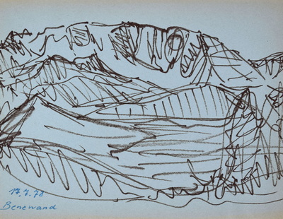 Konrad Sommer:  Benewand, 17.7.1978, brauner Faserstift, blaue Tinte auf hellblauem Papier, 21,0 x 27,0 cm, bez.u.l.: 17.7.78. Benewand