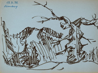 Konrad Sommer: Blomberg, 17.7.1978, brauner Faserstift, blaue Tinte auf hellblauem Papier, 21,0 x 27,8 cm, bez.o.l.: 17.7.78. Blomberg  