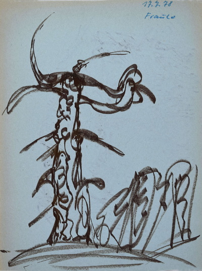Konrad Sommer, Fraule, 17.7.1978, brauner Faserstift, blaue Tinte auf hellblauem Papier, 27,4 x 20,4 cm, bez.o.r.: 17.7.78 Fraule