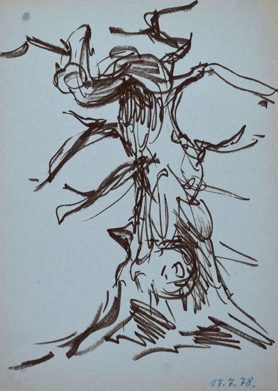 Konrad Sommer: Baumstudie, 17.7.1978, brauner Faserstift, blaue Tinte auf hellblauem Papier, 28,4 x 20,4 cm, bez.u.r.: 17.7.78.