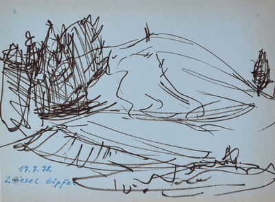 Konrad Sommer: Zwiesel Gipfel, 17.7.1978, brauner Faserstift, blaue Tinte auf hellblauem Papier, 21,0 x 28,0 cm, bez.u.l.: 17.7.78. Zwiesel Gipfel