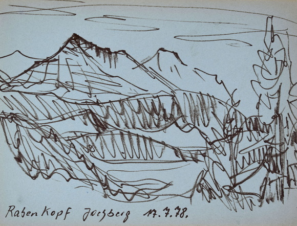 Konrad Sommer: Rabenkopf, Jochberg, 17.7.1978, brauner Faserstift auf hellblauem Papier, 21,0 x 28,0 cm, bez. u.l.: Rabenkopf Jochberg 17.7.78.