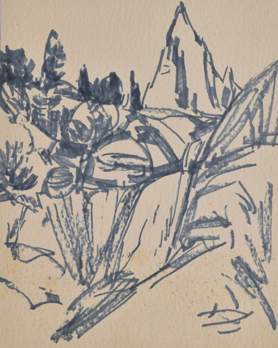 Konrad Sommer: Berg, um 1978, blauer Faserstift auf Papier, 25,7 x 20,3 cm