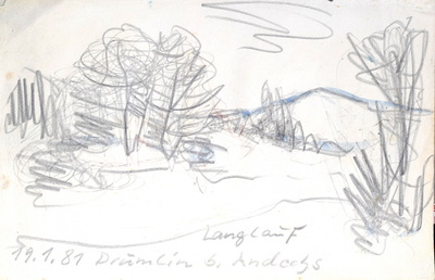 Konrad Sommer: Langlauf, Drumlin bei Andechs, 19.1.1981, Bleistift  auf Papier, 15,3 x 24,0 cm, bez.u.: langlauf, u.l.: Drumlin b. Andechs