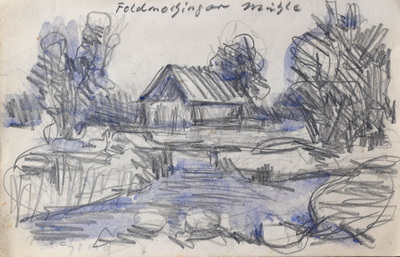 Konrad Sommer:  Feldmochinger Mühle, 1981, Bleistift, blaue Aquarellfarbe  auf Papier, 15,4 x 24,0 cm, bez.o.: Feldmochinger Mühle, Vorderseite von Feldmoching 29.6.1981