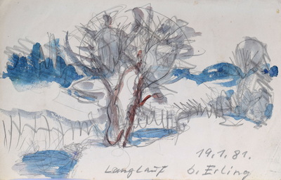 Konrad Sommer: Langlauf bei Erding, 19.1.1981, Bleistift, Aquarellfarbe  auf Papier, 15,4 x 23,9 cm, bez.u.r.: 19.1.81 Langlauf b. Erding