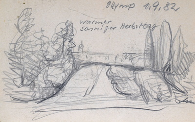 Konrad Sommer: Ollymp, 1.9.1982, Bleistift, Aquarellfarbe  auf Papier, 13,5 x 21,0 cm, bez.o.r.: Ollymp 1.9.82 warmer sonniger Herbsttag