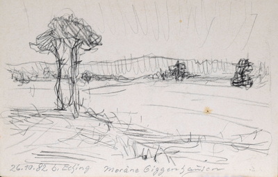Konrad Sommer: Bei Eching, Moräne Giggenhausen, 26.10.1982, Kohle, Bleistift auf Papier, 13,4 x 21,0 cm, bez. u.l.: 26.10.82. b. Eching Moräne Giggenhausen