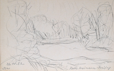 Konrad Sommer: Isar, 26.10.1982, Bleistift auf Papier, 13,5 x 21,0 cm, bez. u.l.: 26.10.82. b. Isar, u.r.: Radl Freimann-Freising