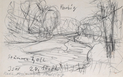 Konrad Sommer:  Isar, Radl Freimann-Freising, 26.10.1982, Kohle, Bleistift auf Papier, 13,4 x 21,0 cm, bez. u.l.: Isar 26.10.82  Radl Freimann-Freising, o.: Farbig, m.: Stämme hell  